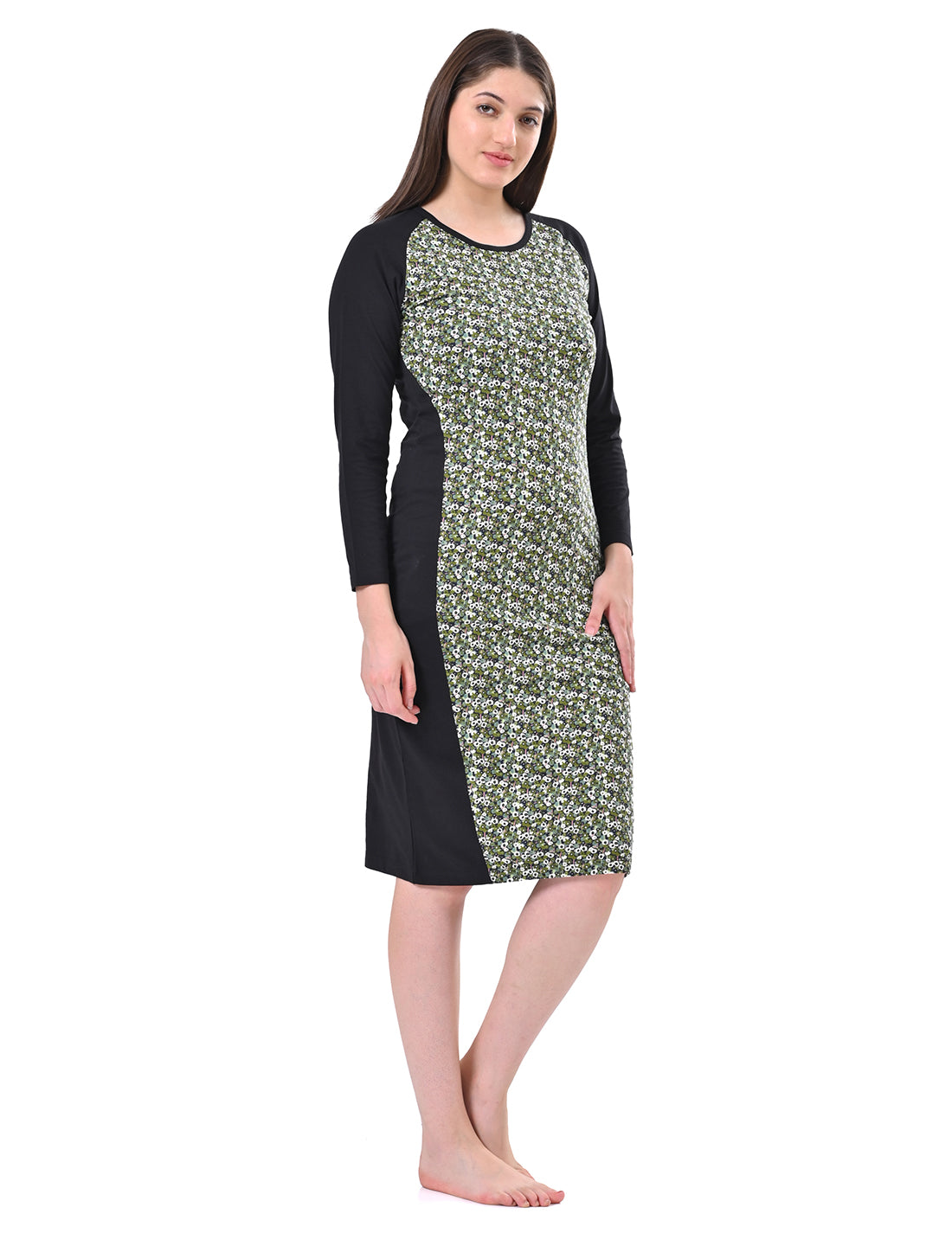 Women's Long Sleeve Floral Print Colorblock Bodycon Midi Dress