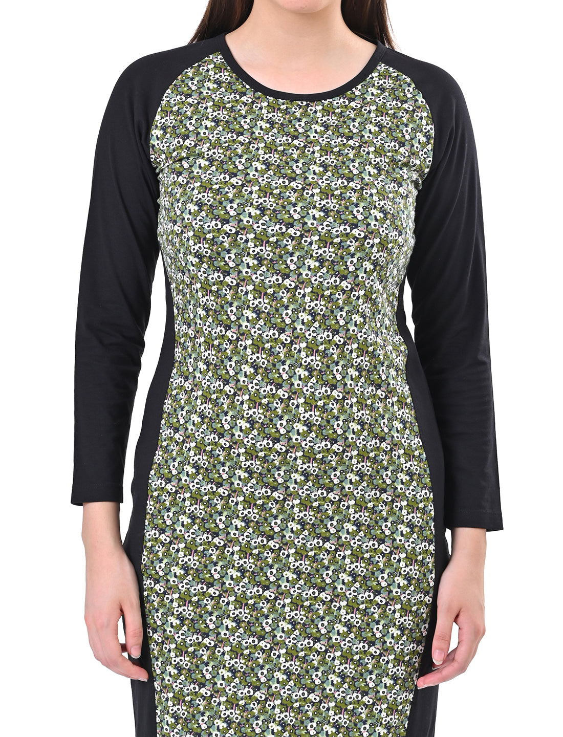 Women's Long Sleeve Floral Print Colorblock Bodycon Midi Dress