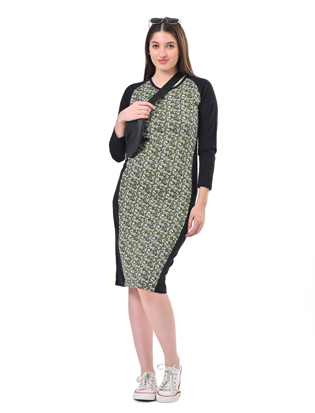 Women's Long Sleeve Floral Print Colorblock Bodycon Midi Dress