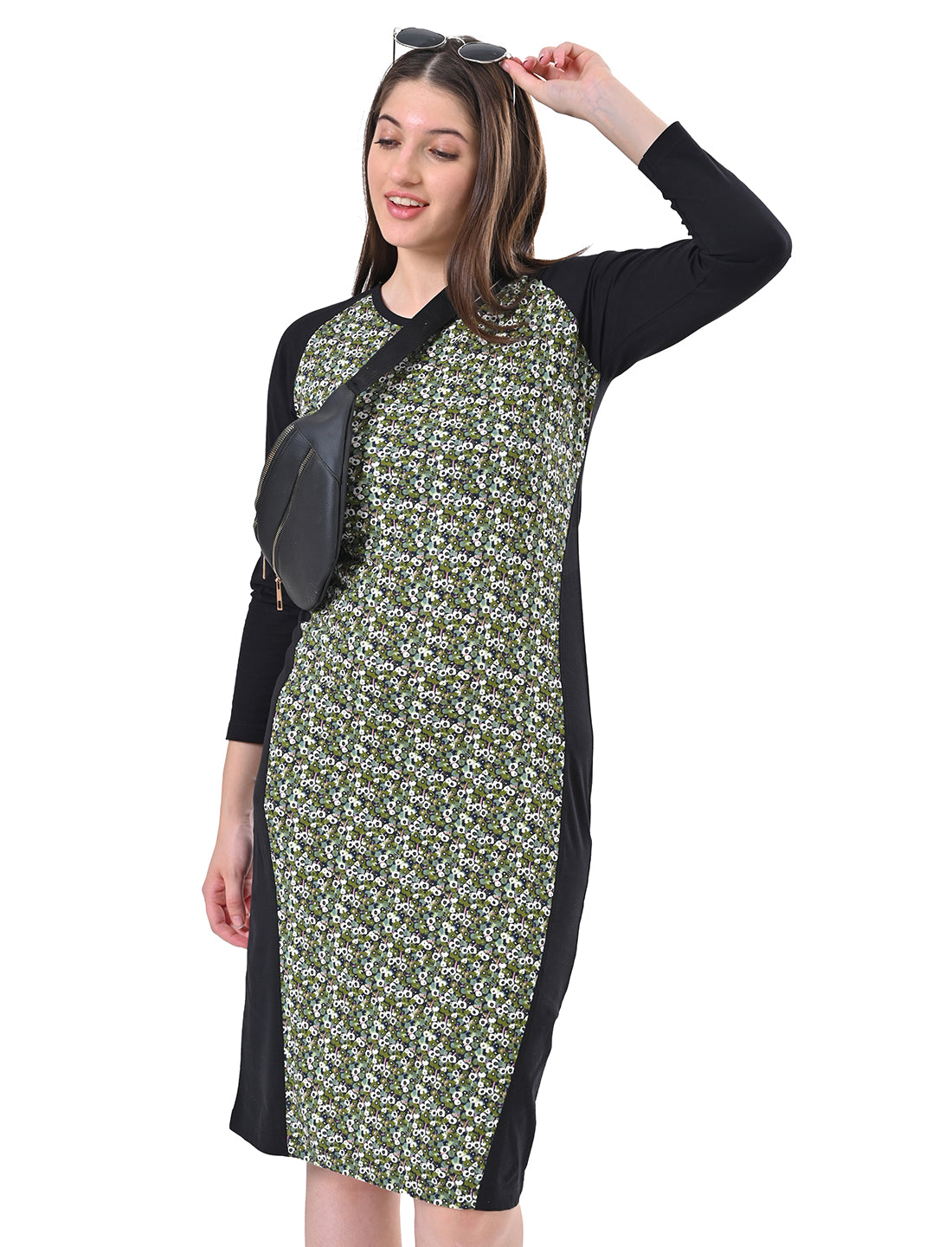 Women's Long Sleeve Floral Print Colorblock Bodycon Midi Dress