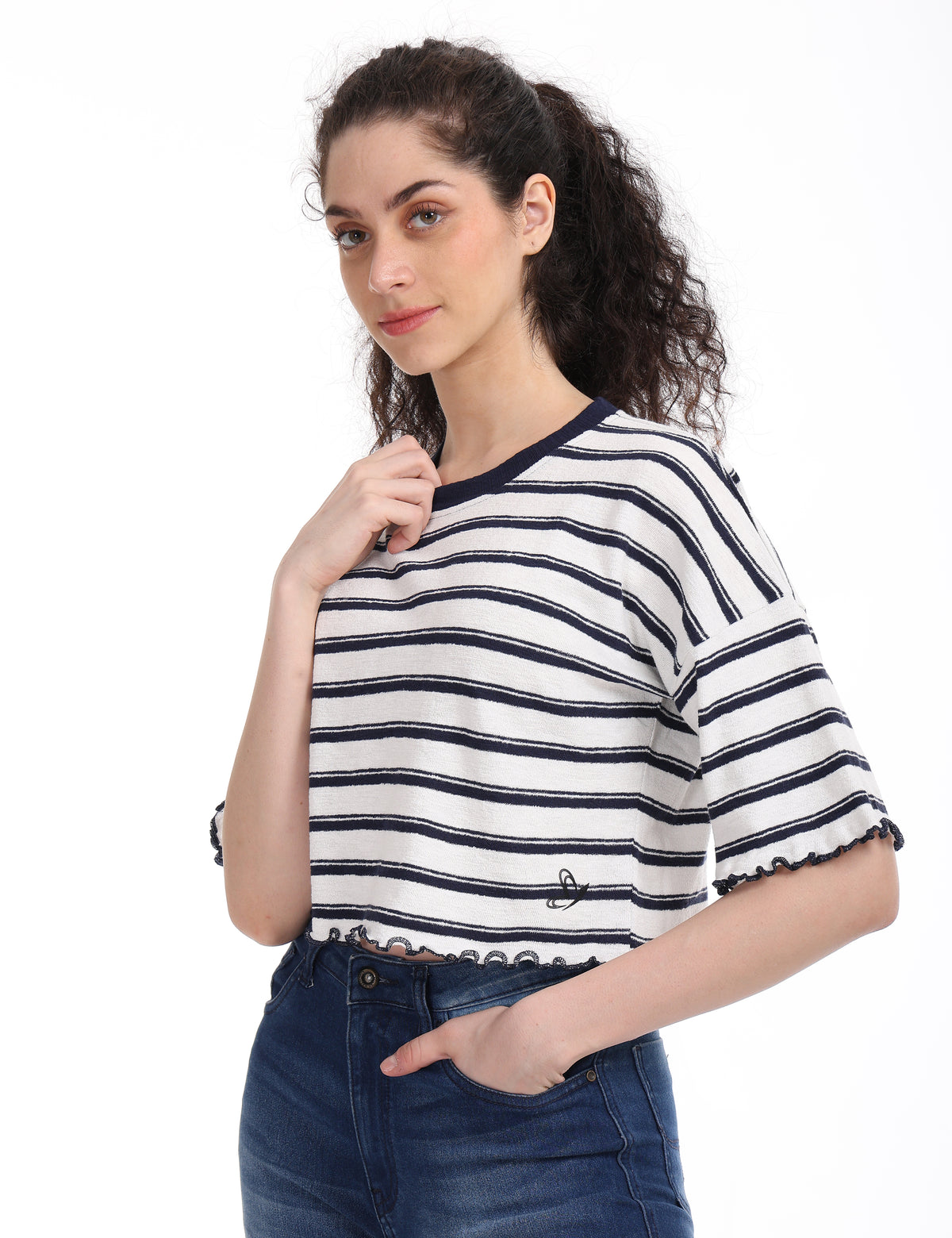 Women's Striped Boxy Crop Top with Lettuce Trim Sleeves