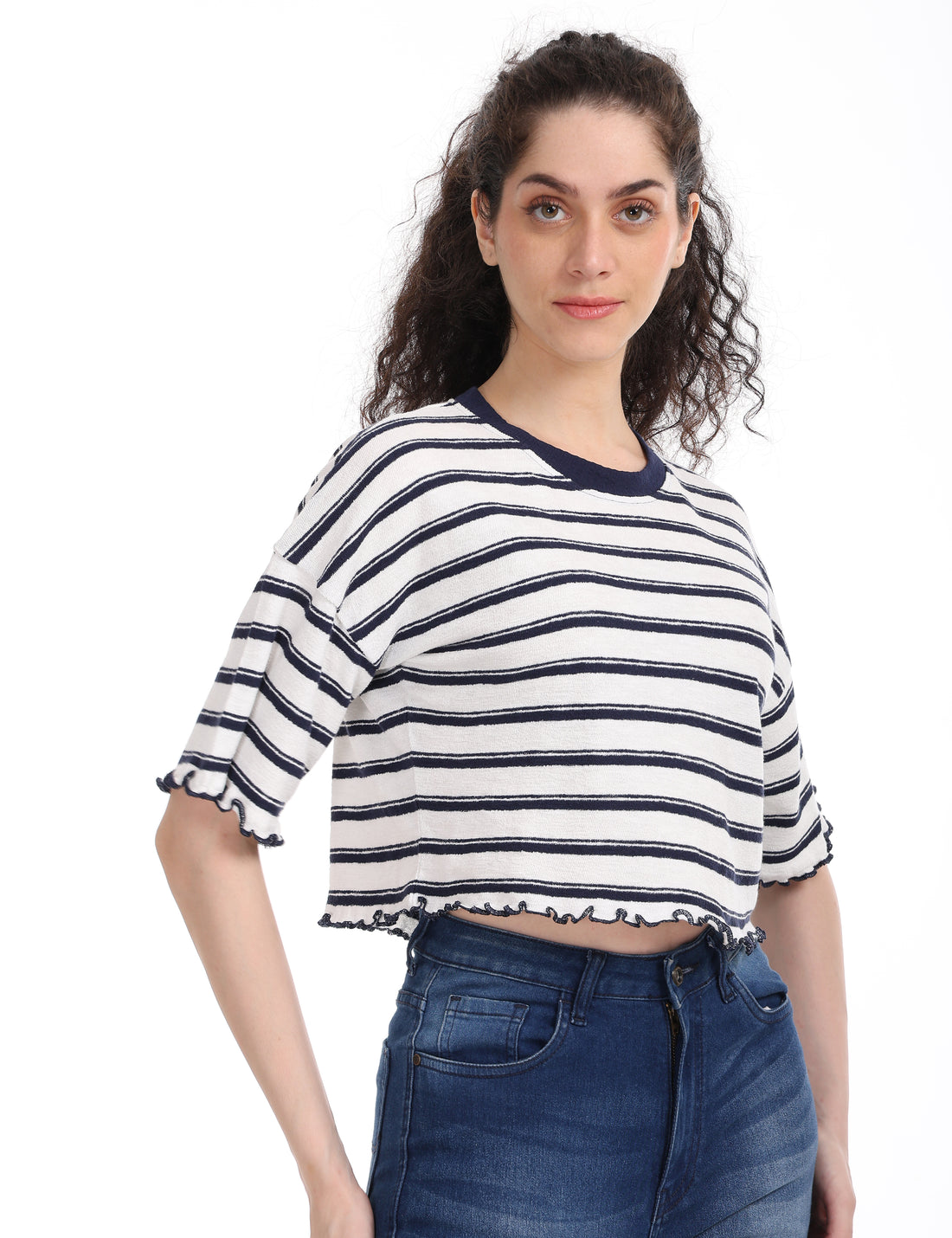 Women's Striped Boxy Crop Top with Lettuce Trim Sleeves