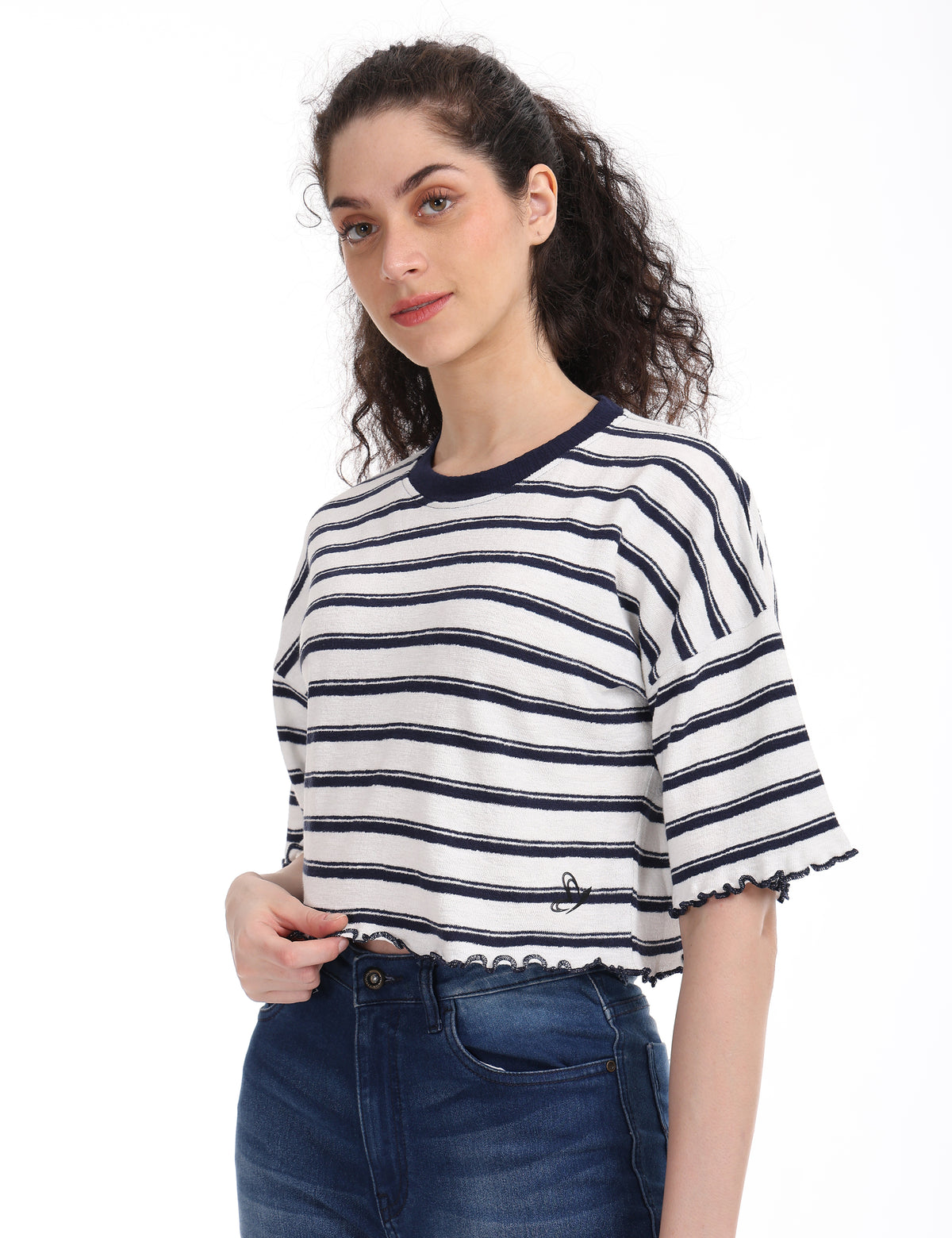 Women's Striped Boxy Crop Top with Lettuce Trim Sleeves