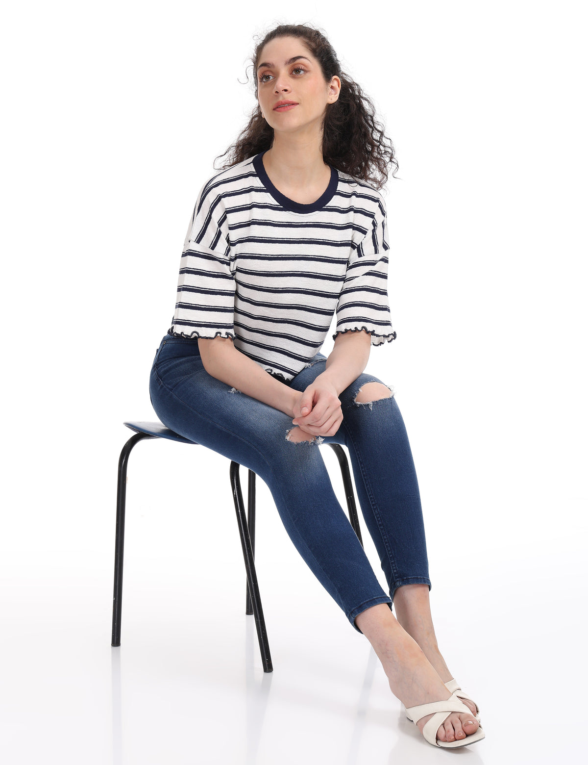 Women's Striped Boxy Crop Top with Lettuce Trim Sleeves