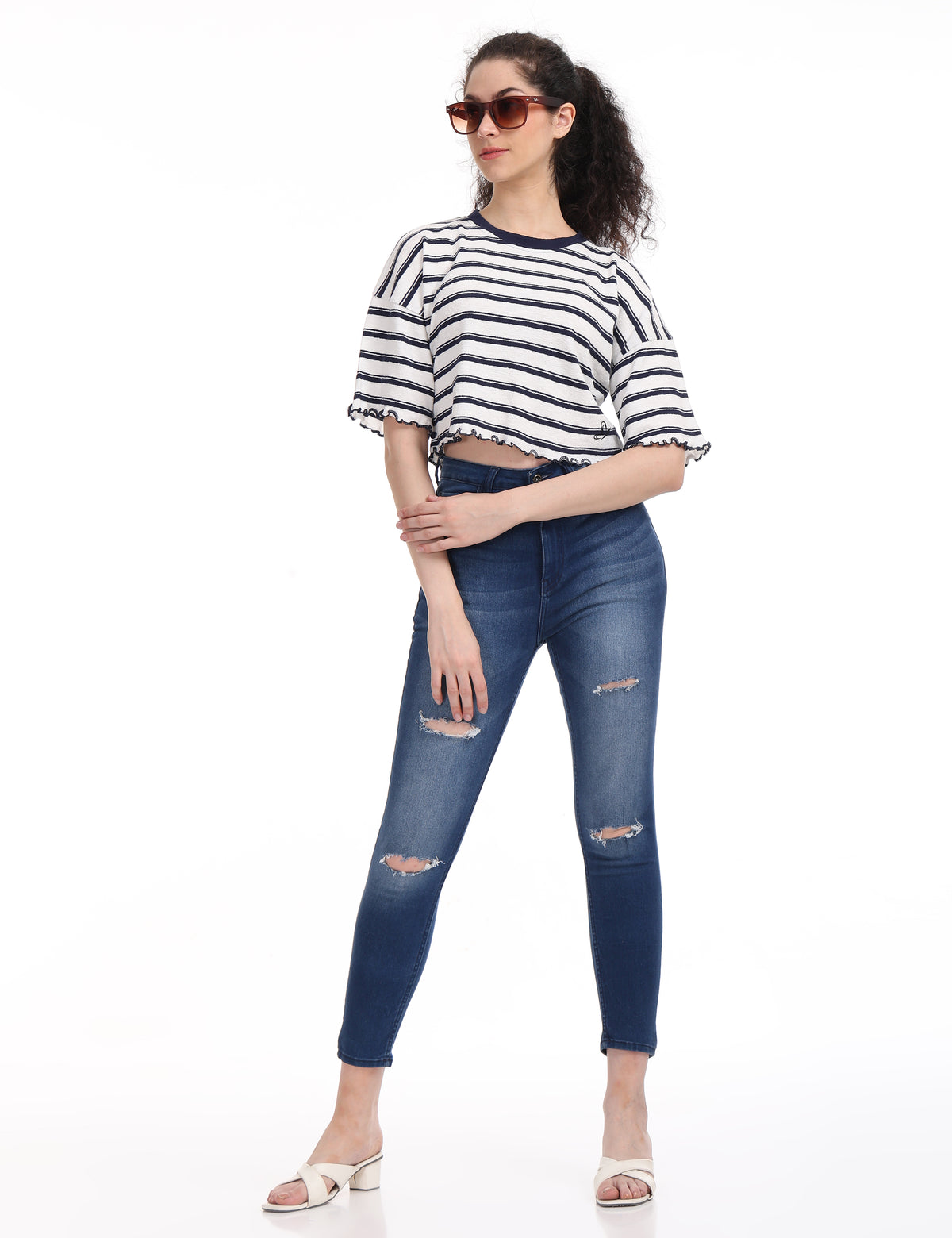 Women's Striped Boxy Crop Top with Lettuce Trim Sleeves