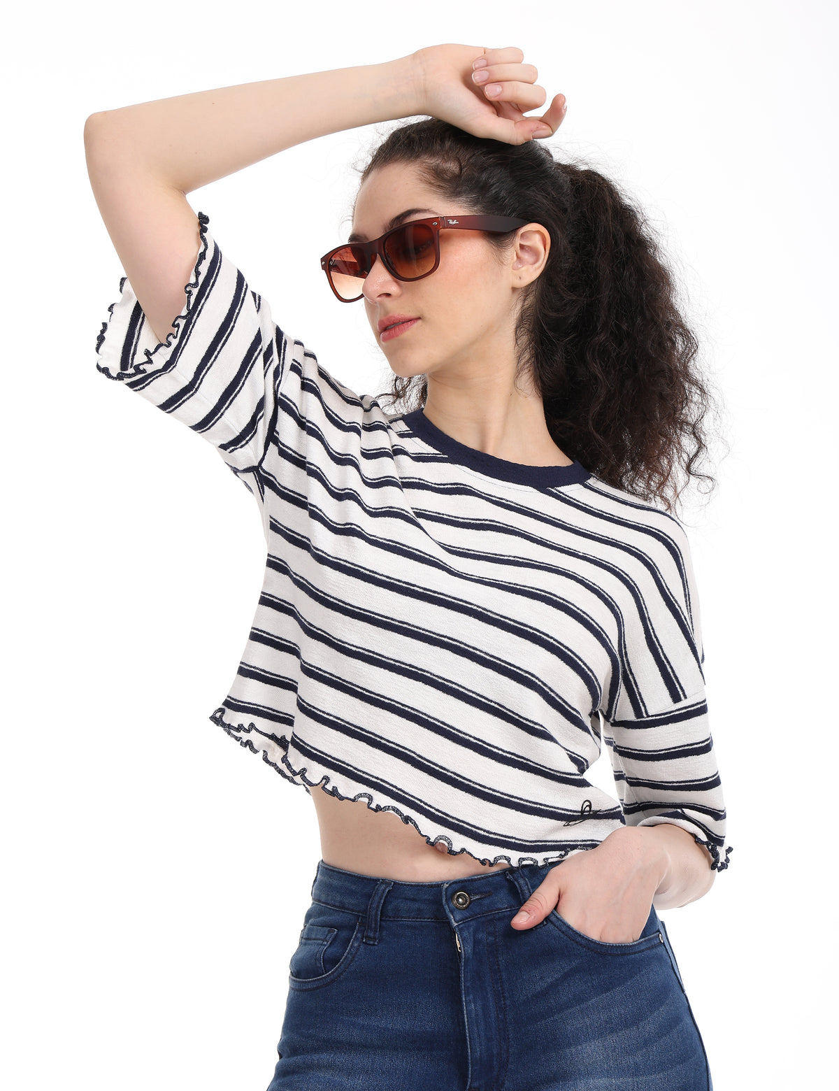 Women's Striped Boxy Crop Top with Lettuce Trim Sleeves