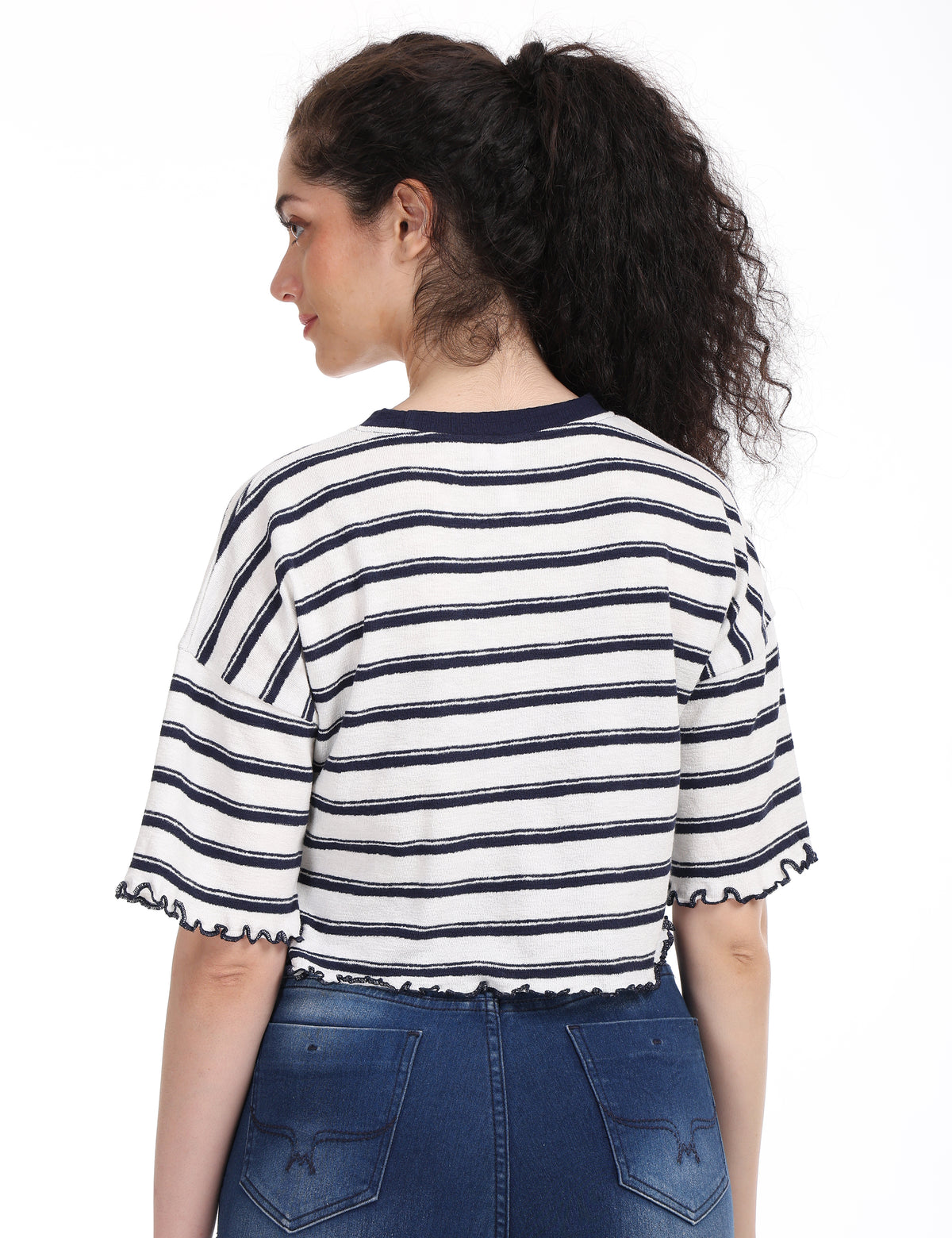 Women's Striped Boxy Crop Top with Lettuce Trim Sleeves