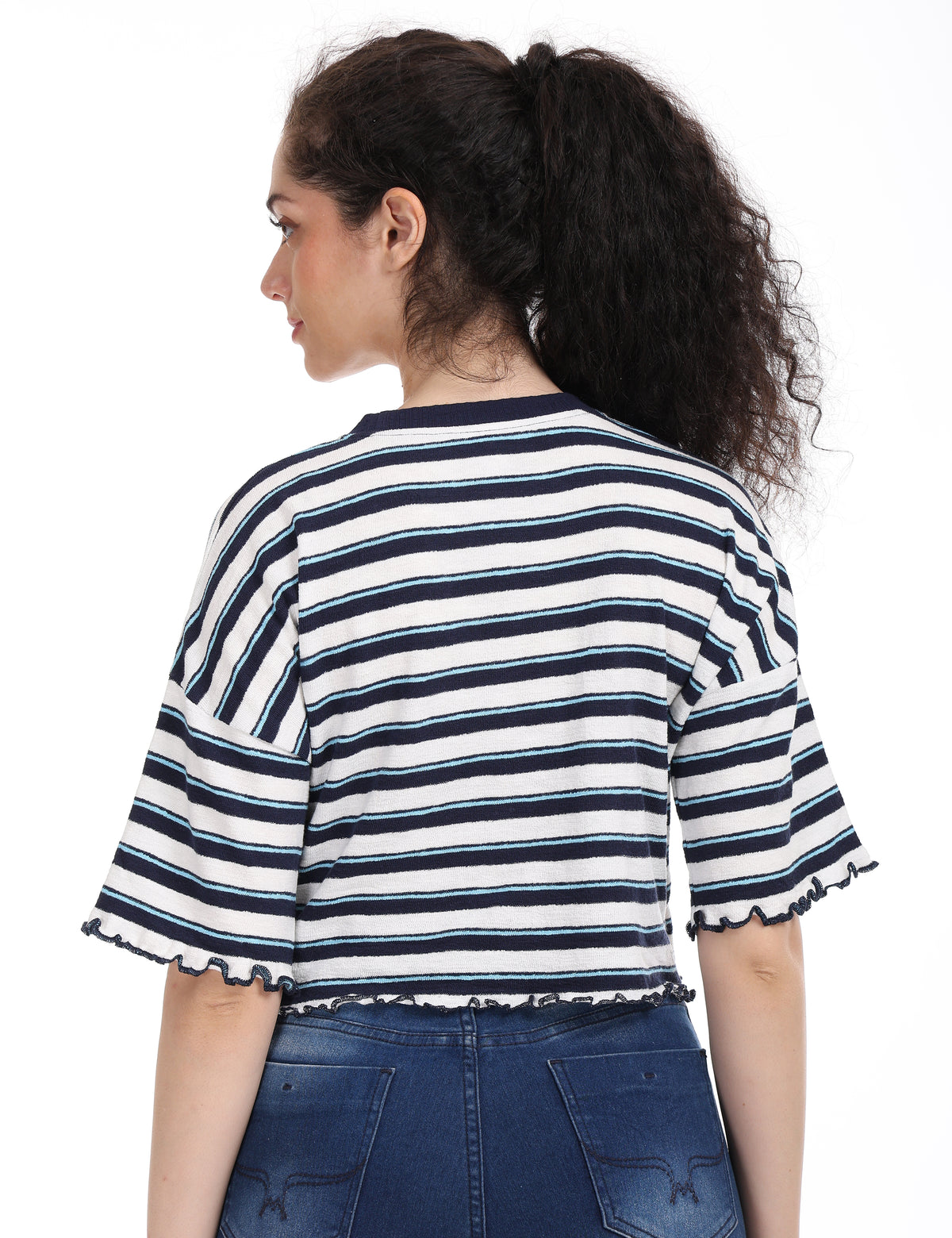 Women's Striped Boxy Crop Top with Lettuce Trim Sleeves