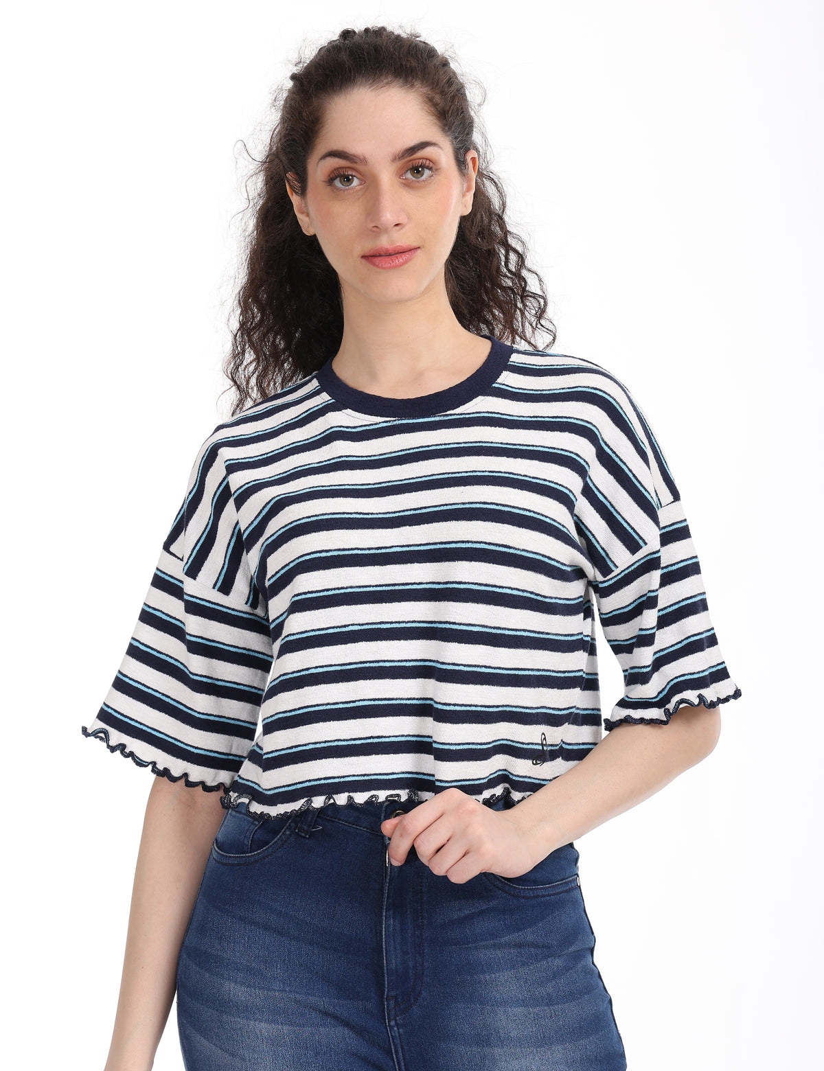 Women's Striped Boxy Crop Top with Lettuce Trim Sleeves