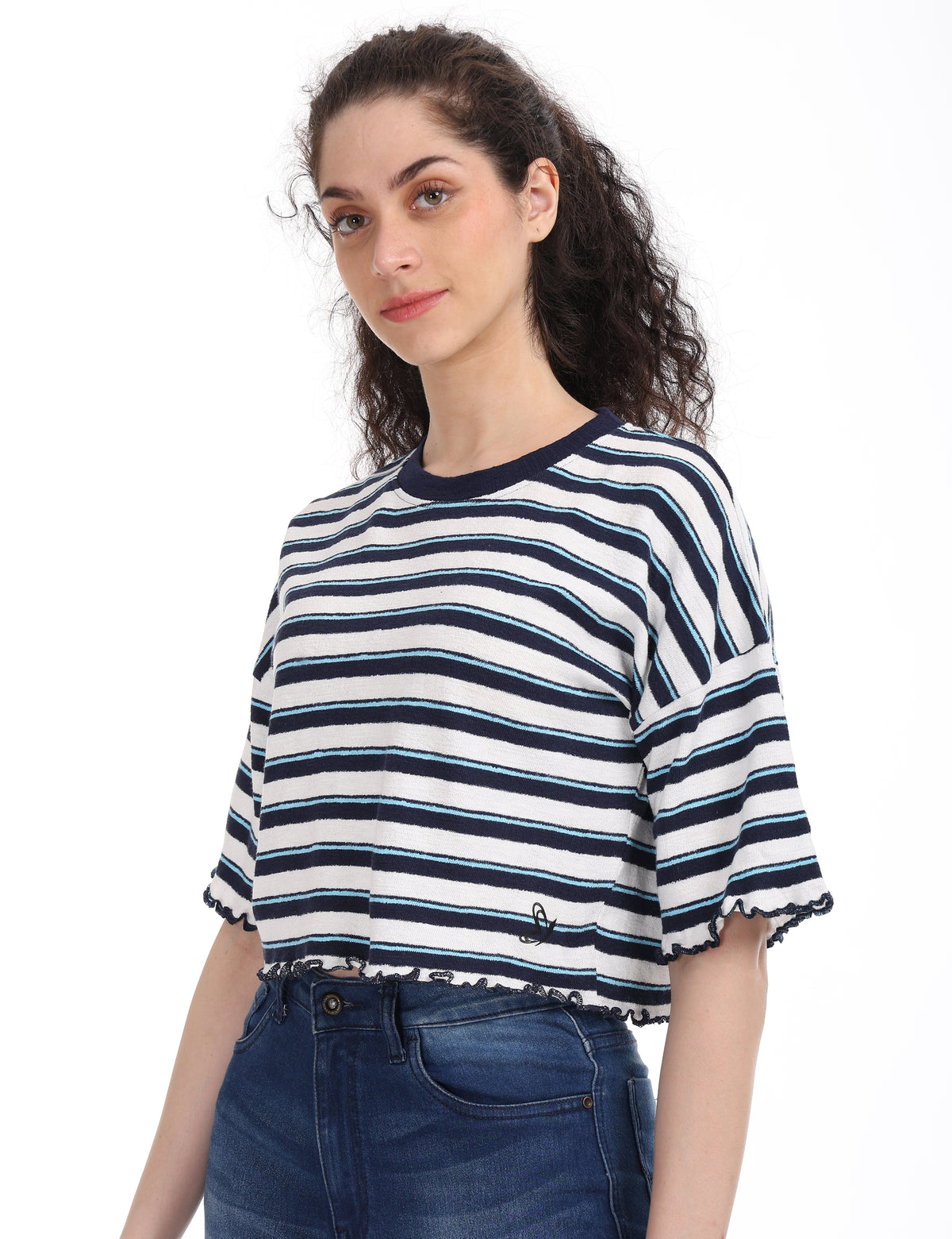 Women's Striped Boxy Crop Top with Lettuce Trim Sleeves