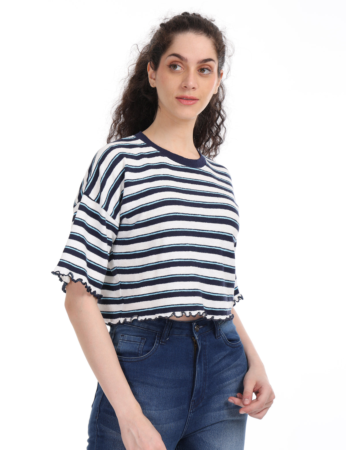 Women's Striped Boxy Crop Top with Lettuce Trim Sleeves