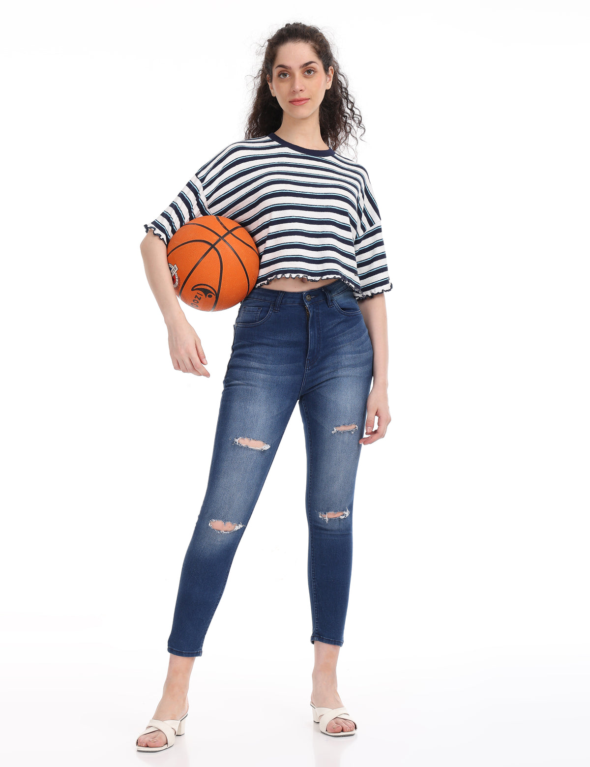 Women's Striped Boxy Crop Top with Lettuce Trim Sleeves