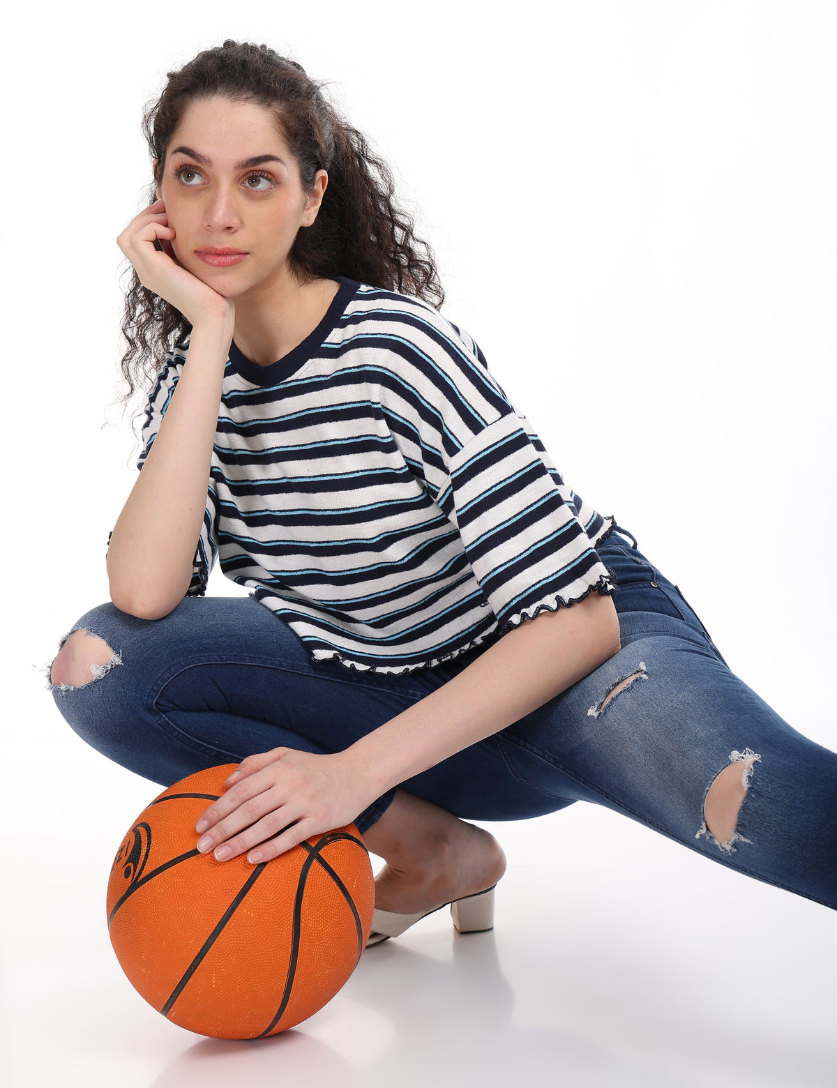 Women's Striped Boxy Crop Top with Lettuce Trim Sleeves