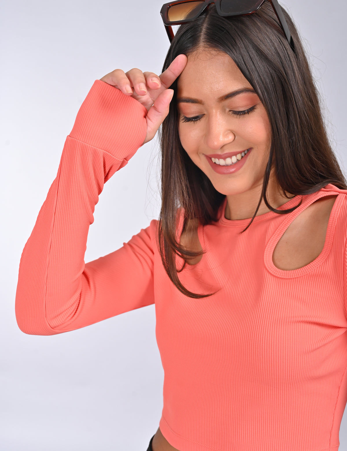 Women's Fitted Crewneck Double Keyhole Cut-Out Long-Sleeve Top