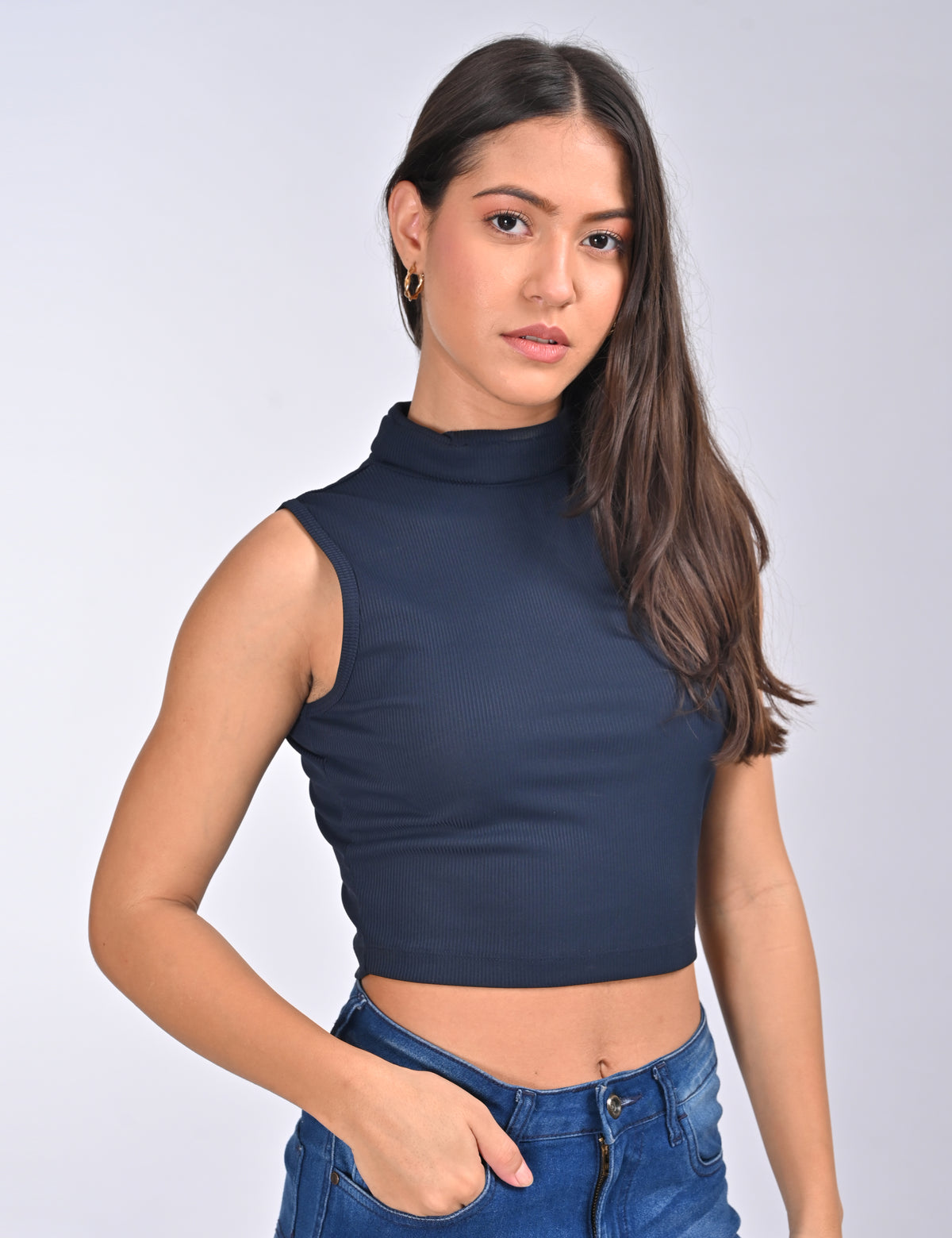 Elegant Ribbed Mock-Neck Fitted Crop Top