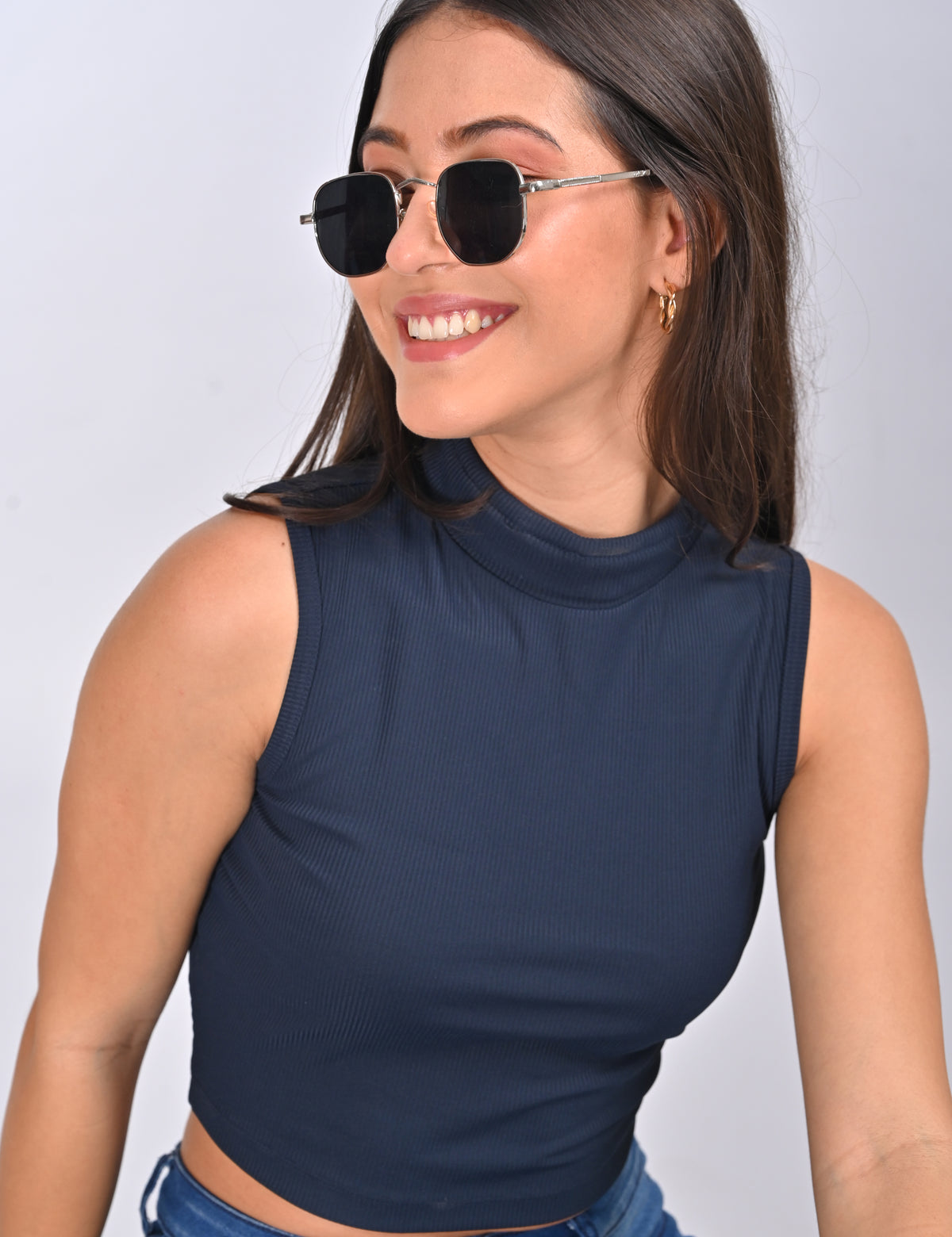 Elegant Ribbed Mock-Neck Fitted Crop Top