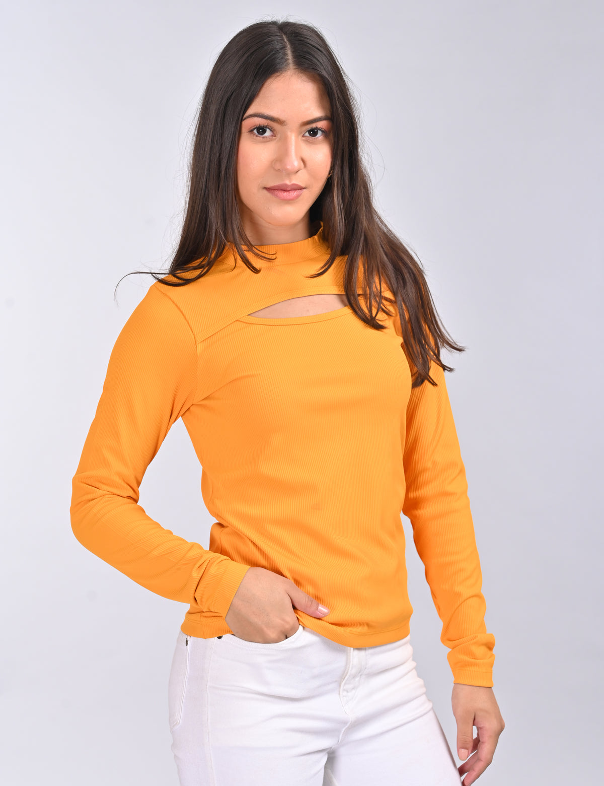 Stylish Mock-Neck Cutout Long-Sleeve Rib-Knit Top