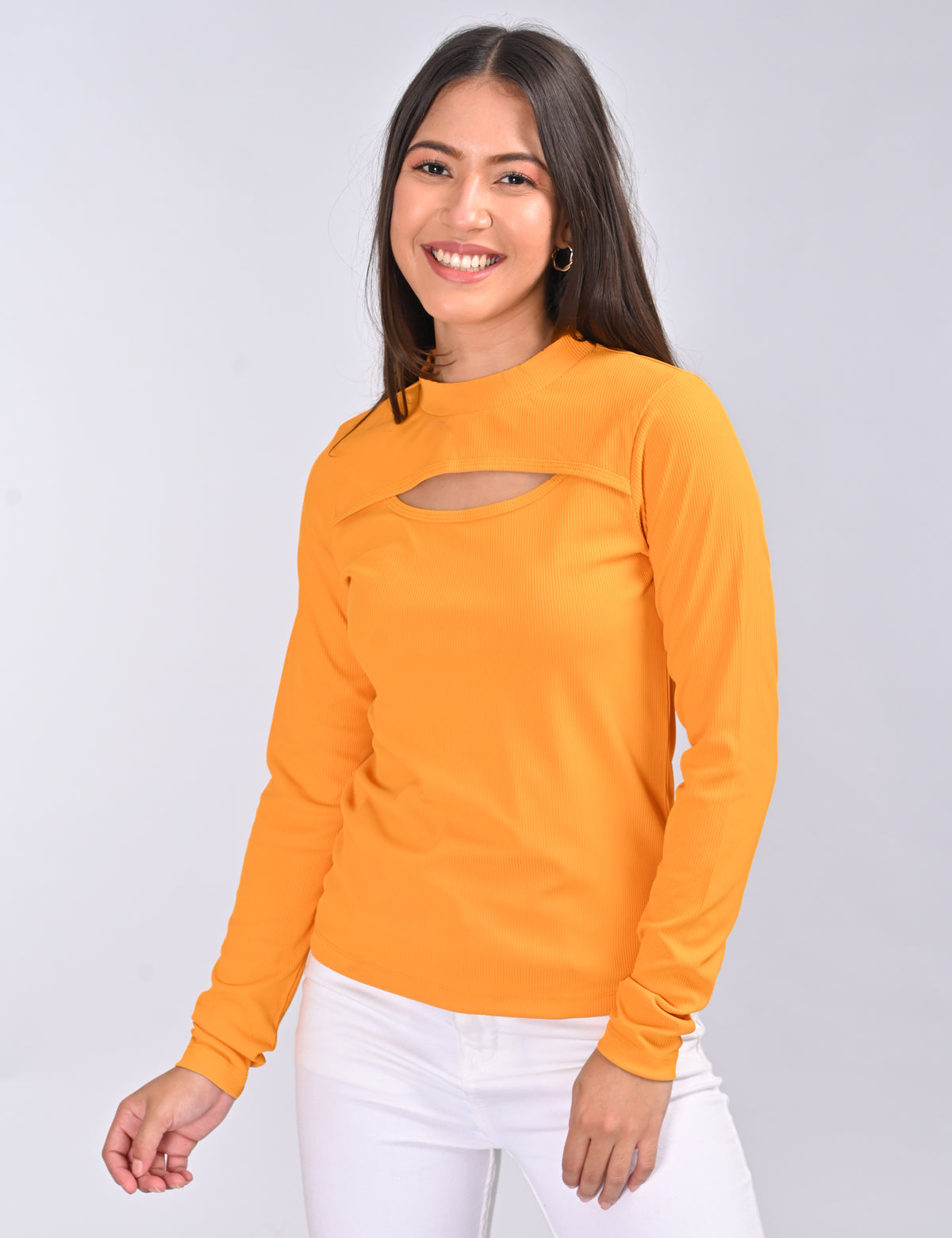 Stylish Mock-Neck Cutout Long-Sleeve Rib-Knit Top
