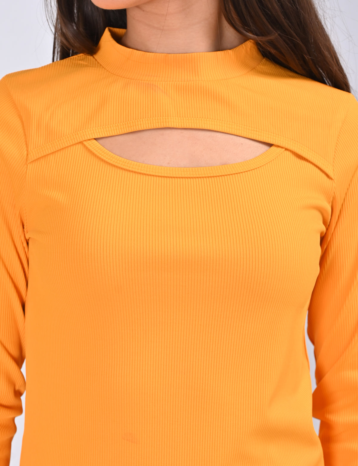 Stylish Mock-Neck Cutout Long-Sleeve Rib-Knit Top