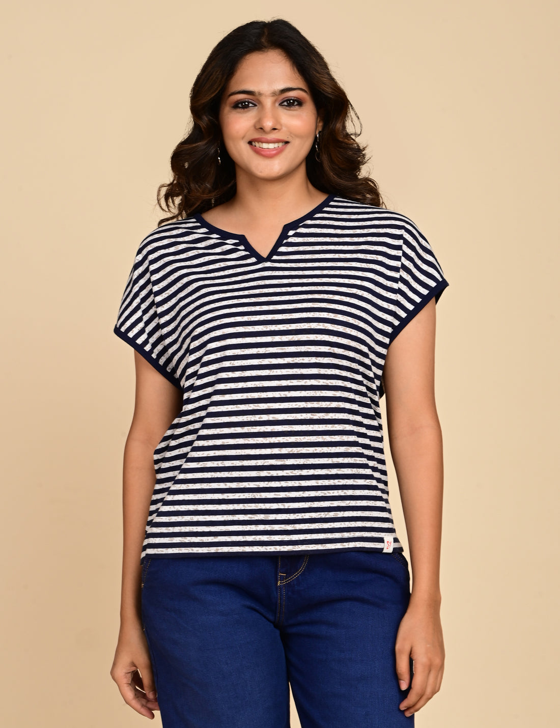 Women's Navy Blue & White Striped Split V-Neck Top