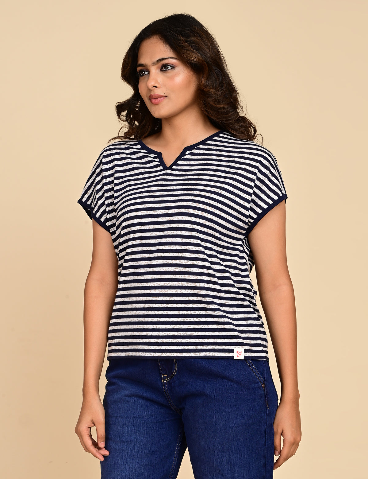 Women's Navy Blue & White Striped Split V-Neck Top