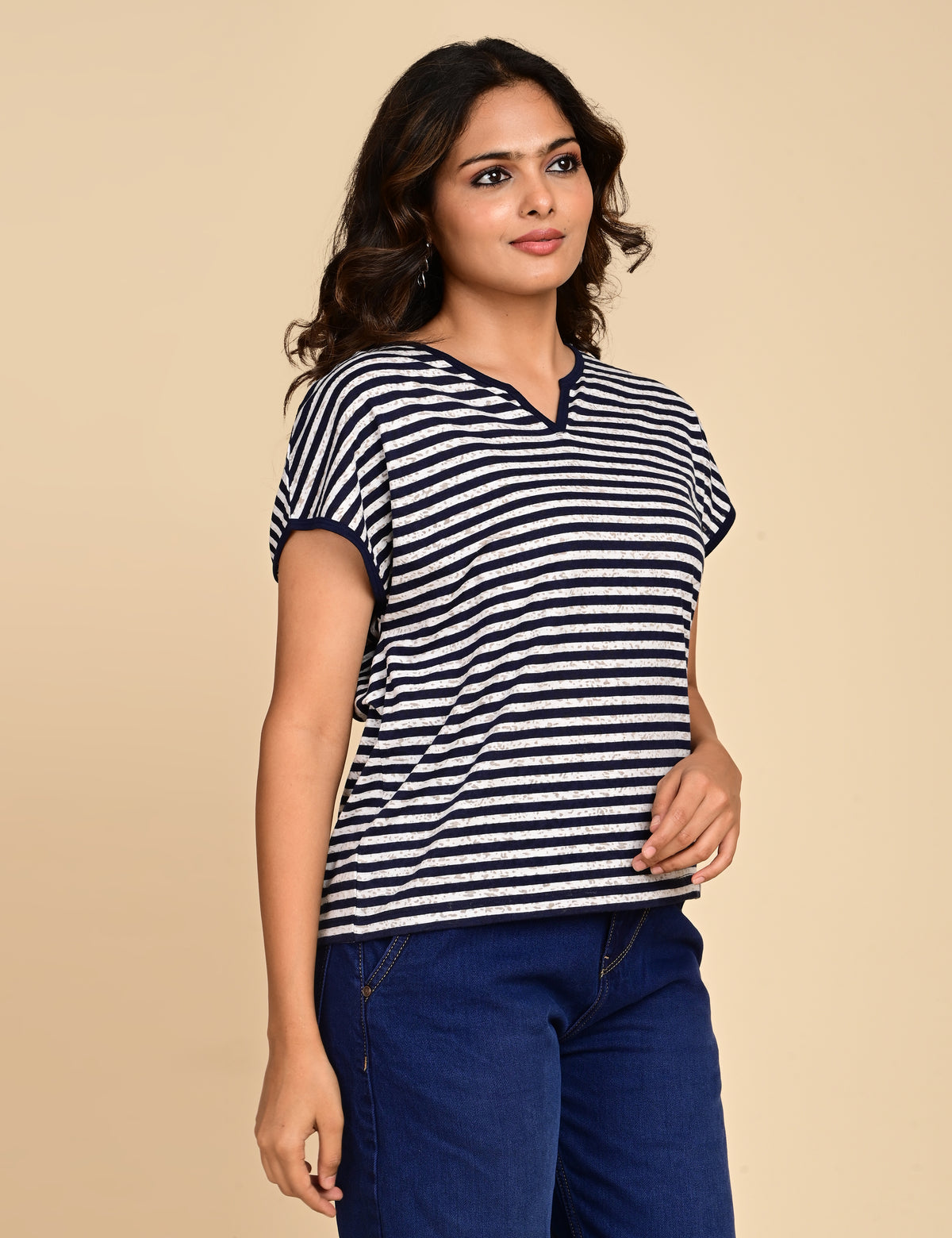 Women's Navy Blue & White Striped Split V-Neck Top
