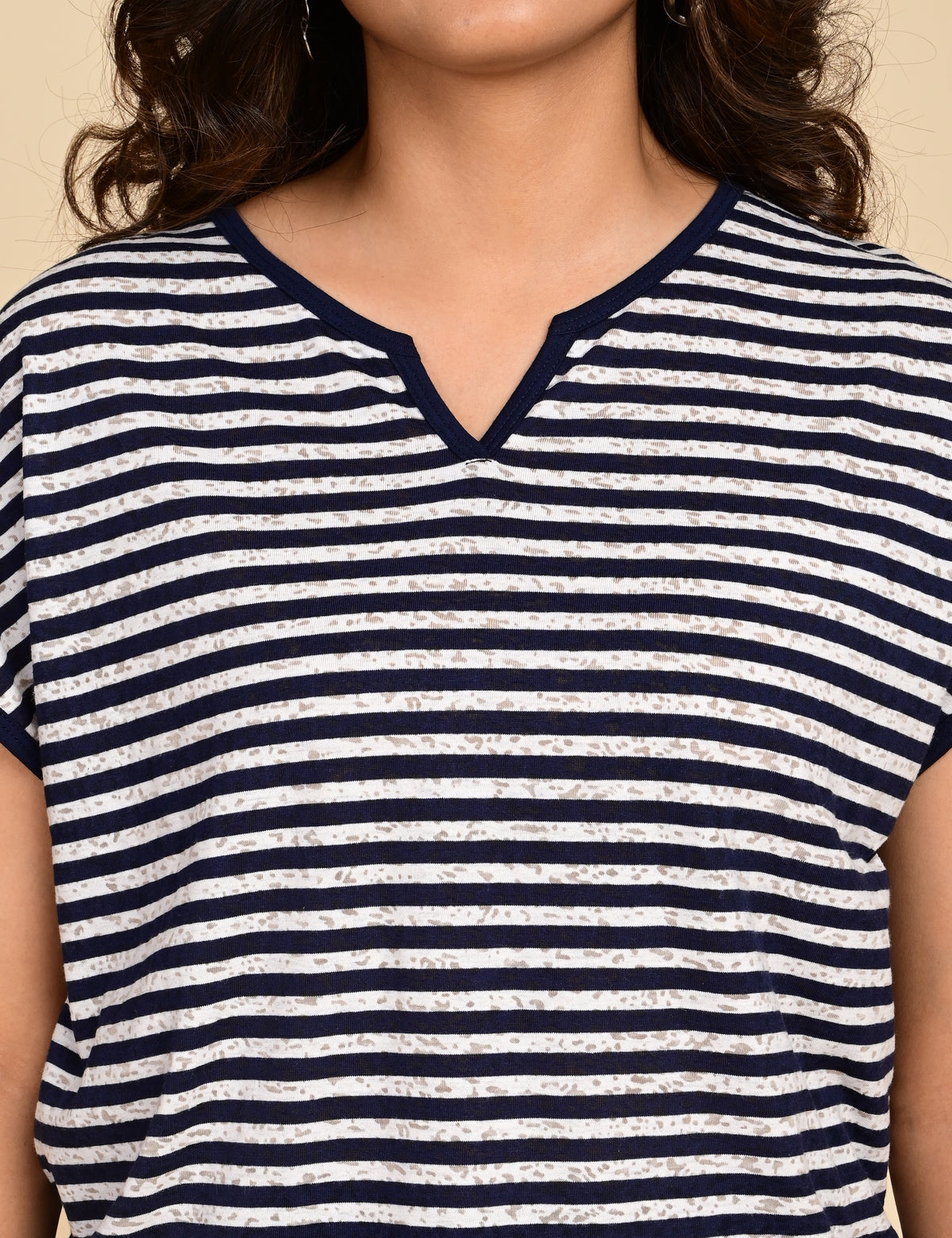 Women's Navy Blue & White Striped Split V-Neck Top
