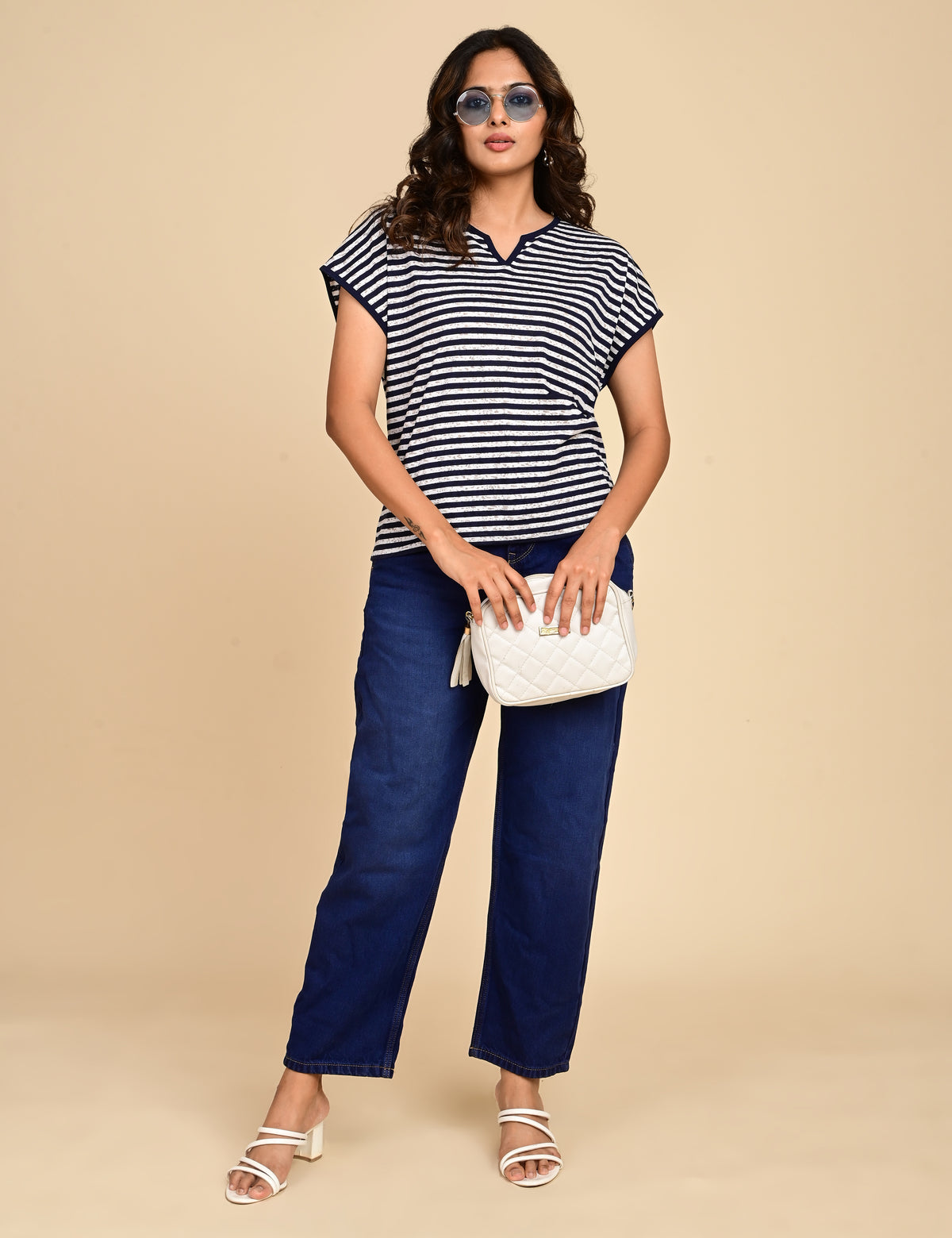 Women's Navy Blue & White Striped Split V-Neck Top