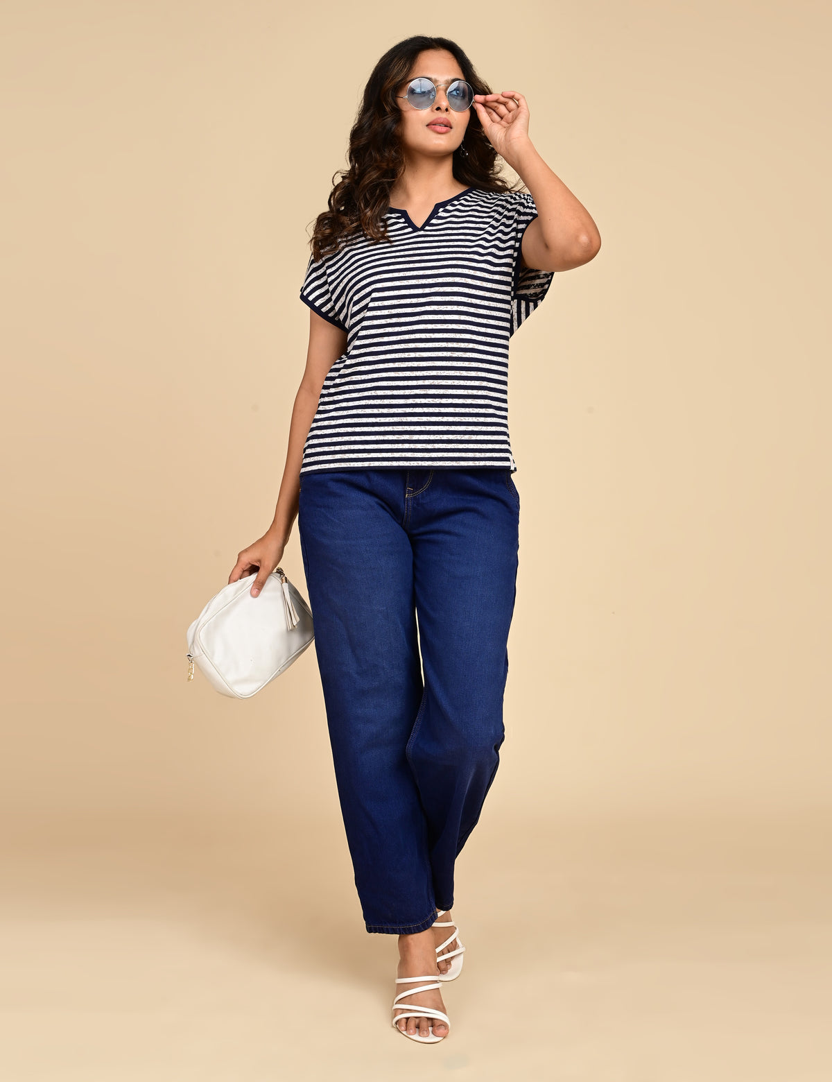 Women's Navy Blue & White Striped Split V-Neck Top