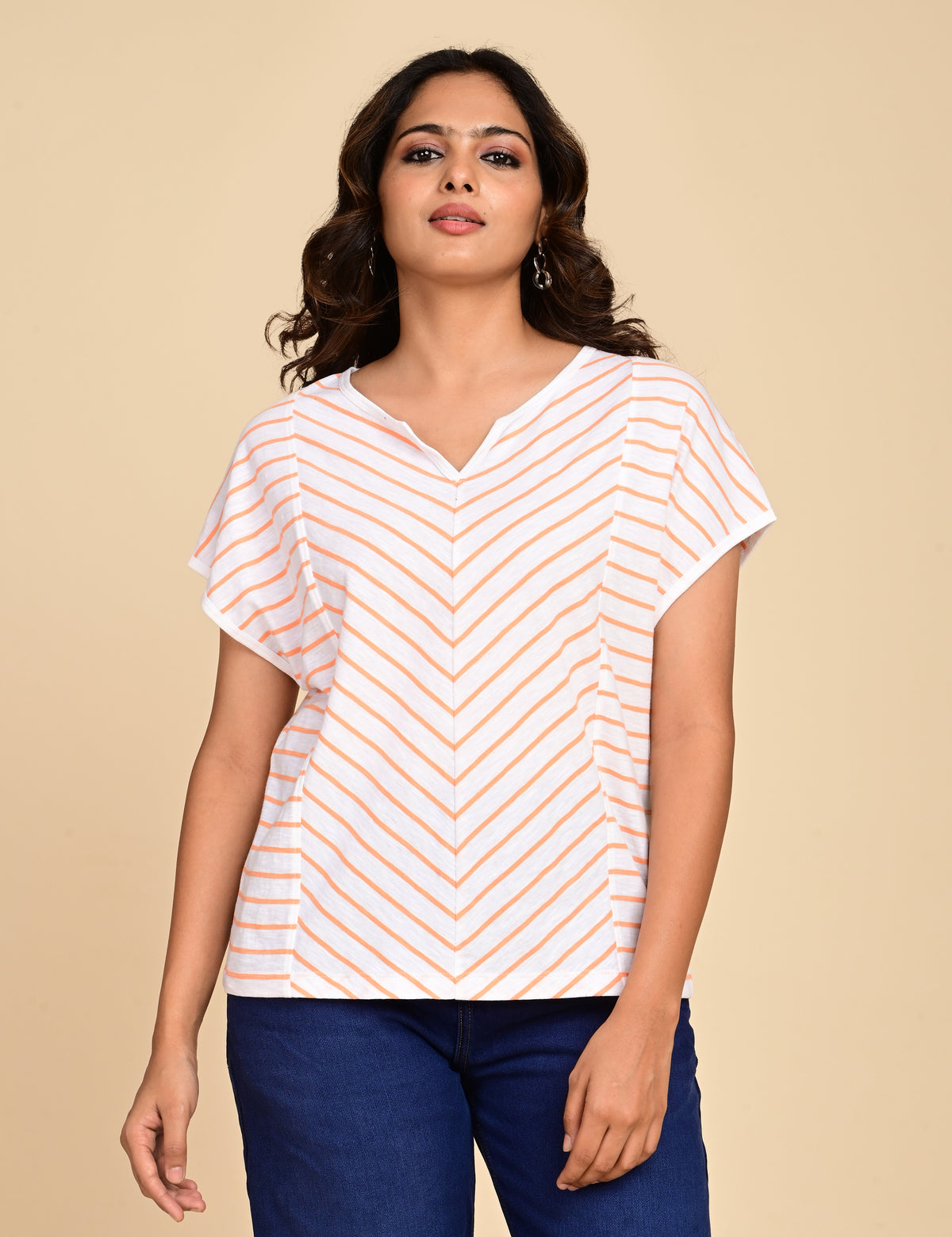 Women's Split V-Neck Striped Boxy Top