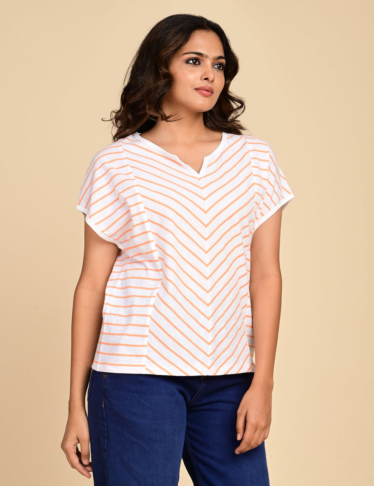 Women's Split V-Neck Striped Boxy Top