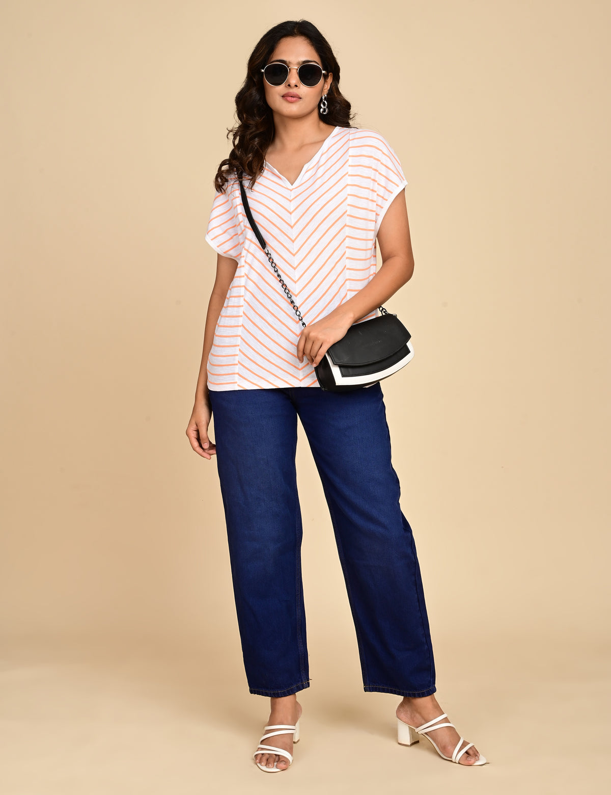 Women's Split V-Neck Striped Boxy Top