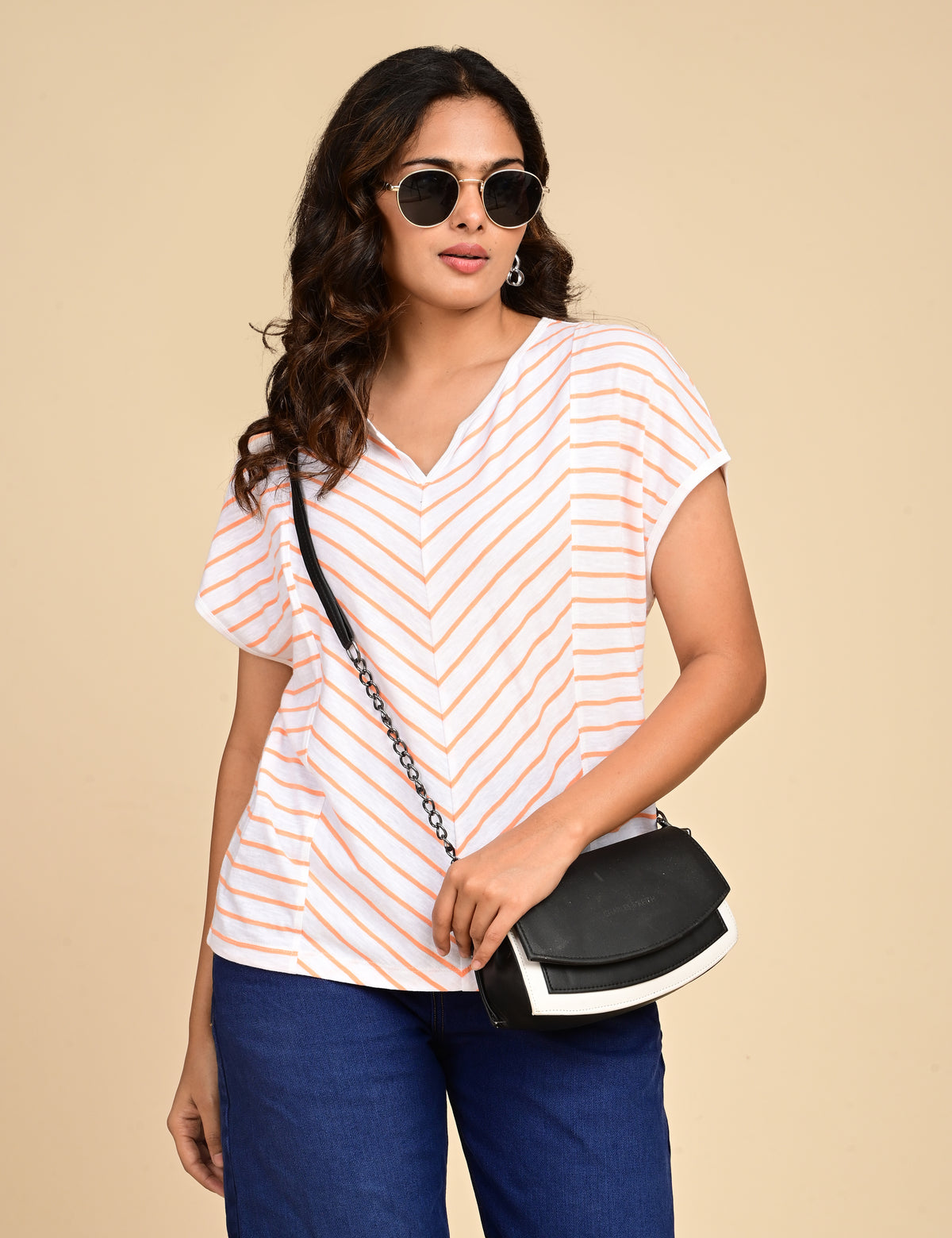 Women's Split V-Neck Striped Boxy Top
