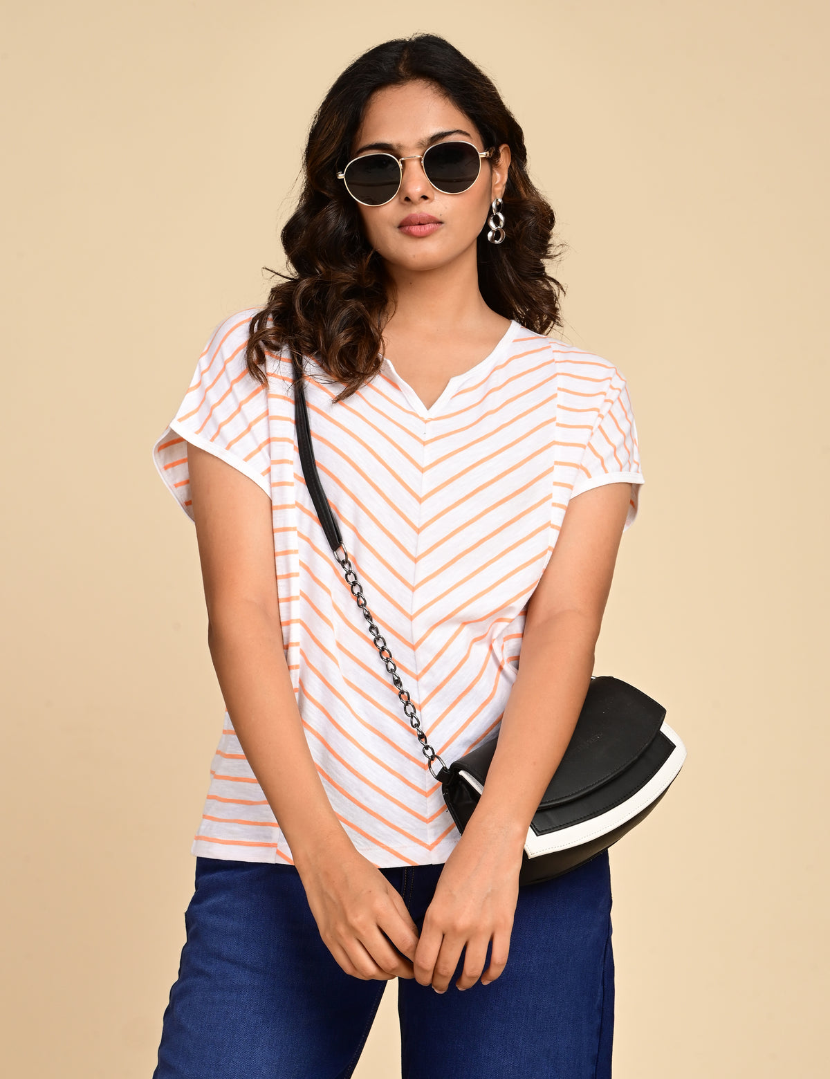 Women's Split V-Neck Striped Boxy Top