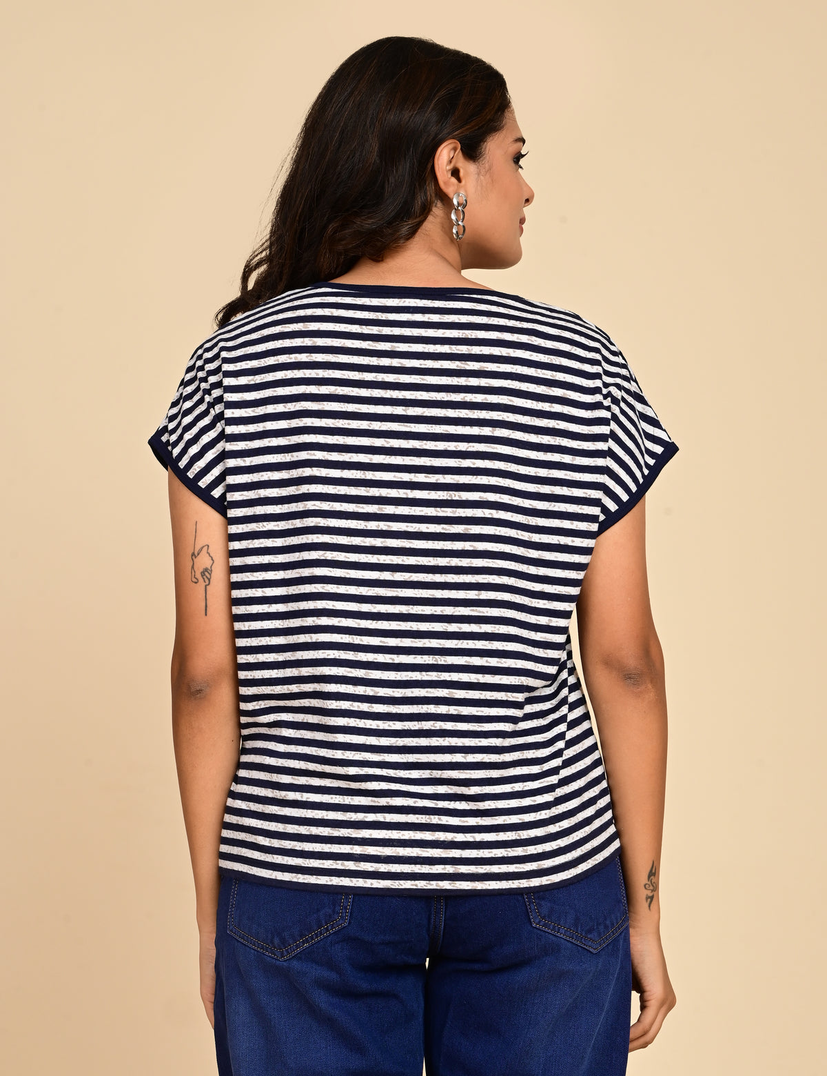 Women's Navy Blue & White Striped Split V-Neck Top