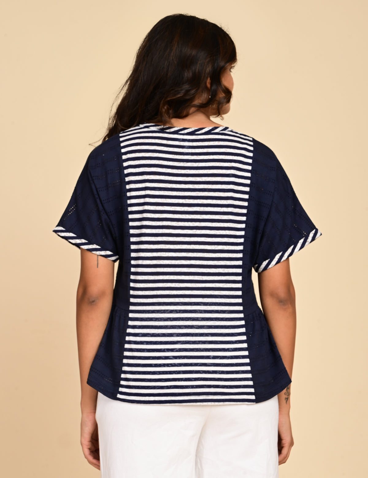 Women's Navy Blue Striped Colorblock Peplum Top