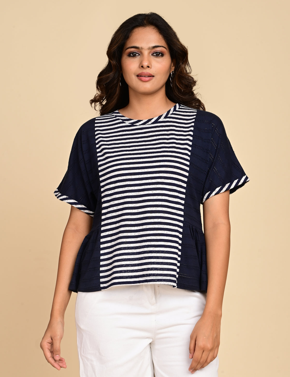 Women's Navy Blue Striped Colorblock Peplum Top