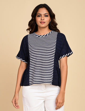 Women's Navy Blue Striped Colorblock Peplum Top