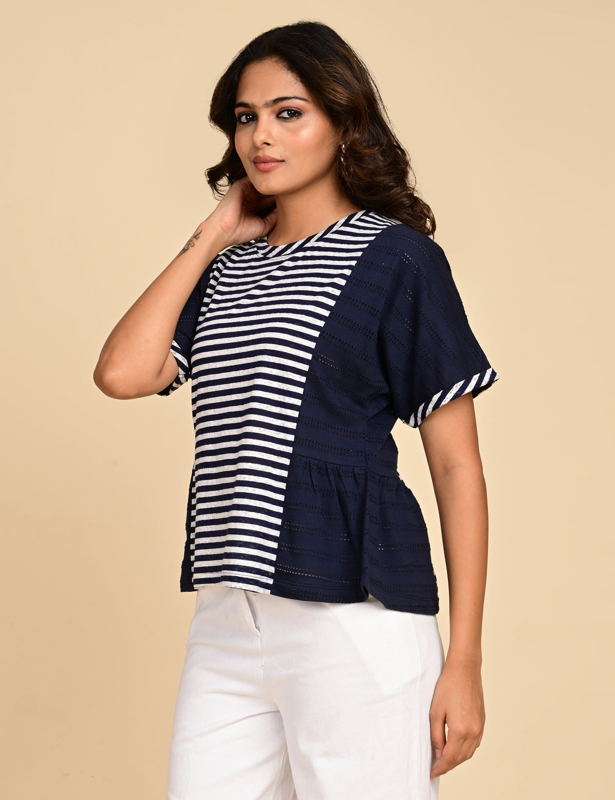 Women's Navy Blue Striped Colorblock Peplum Top
