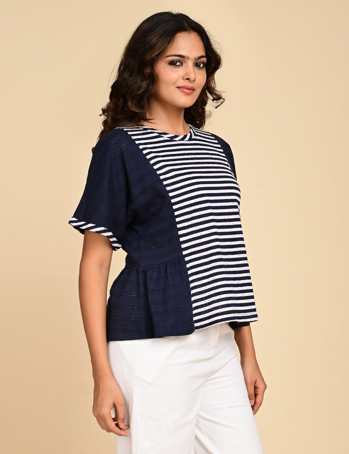 Women's Navy Blue Striped Colorblock Peplum Top