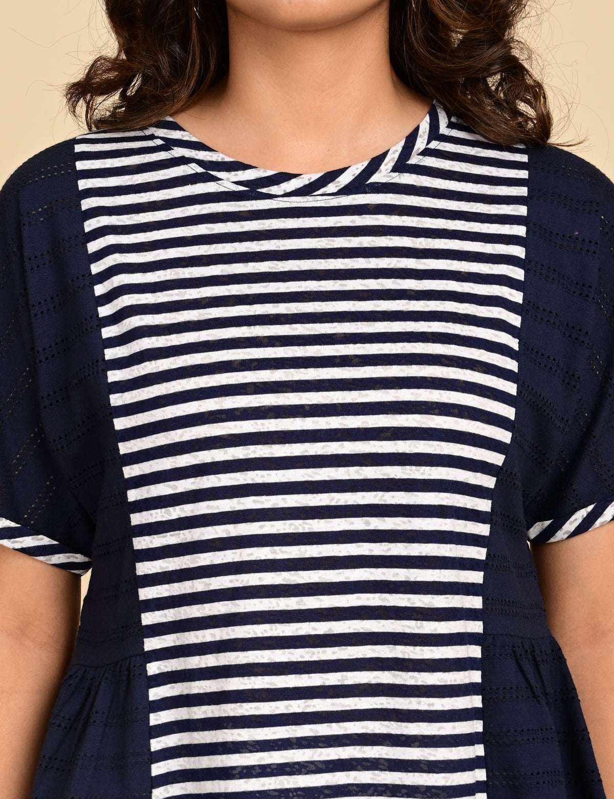 Women's Navy Blue Striped Colorblock Peplum Top