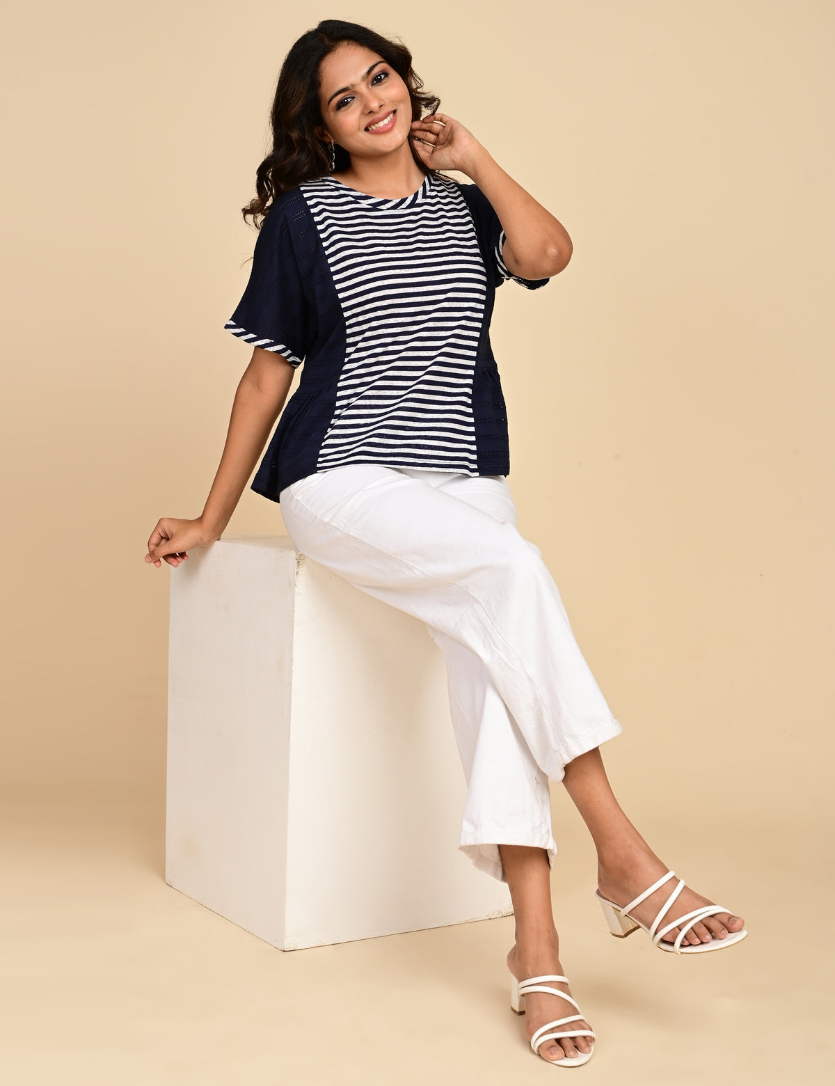 Women's Navy Blue Striped Colorblock Peplum Top
