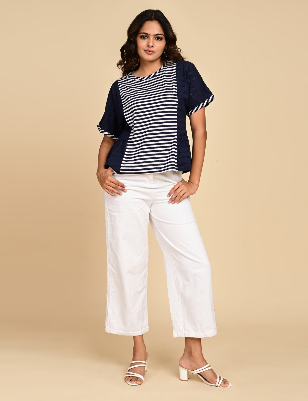 Women's Navy Blue Striped Colorblock Peplum Top