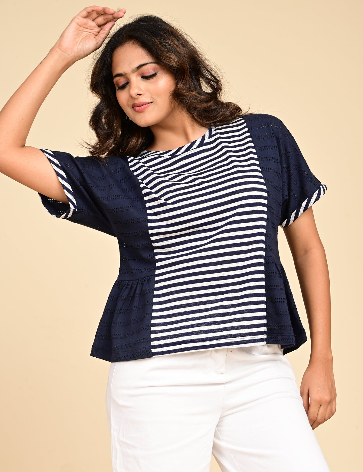 Women's Navy Blue Striped Colorblock Peplum Top