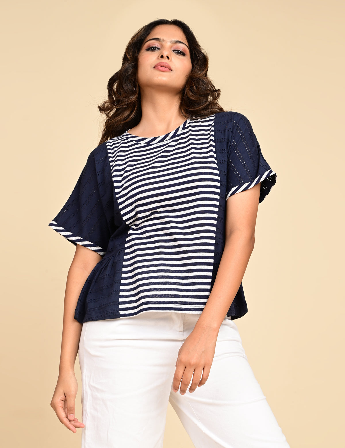Women's Navy Blue Striped Colorblock Peplum Top