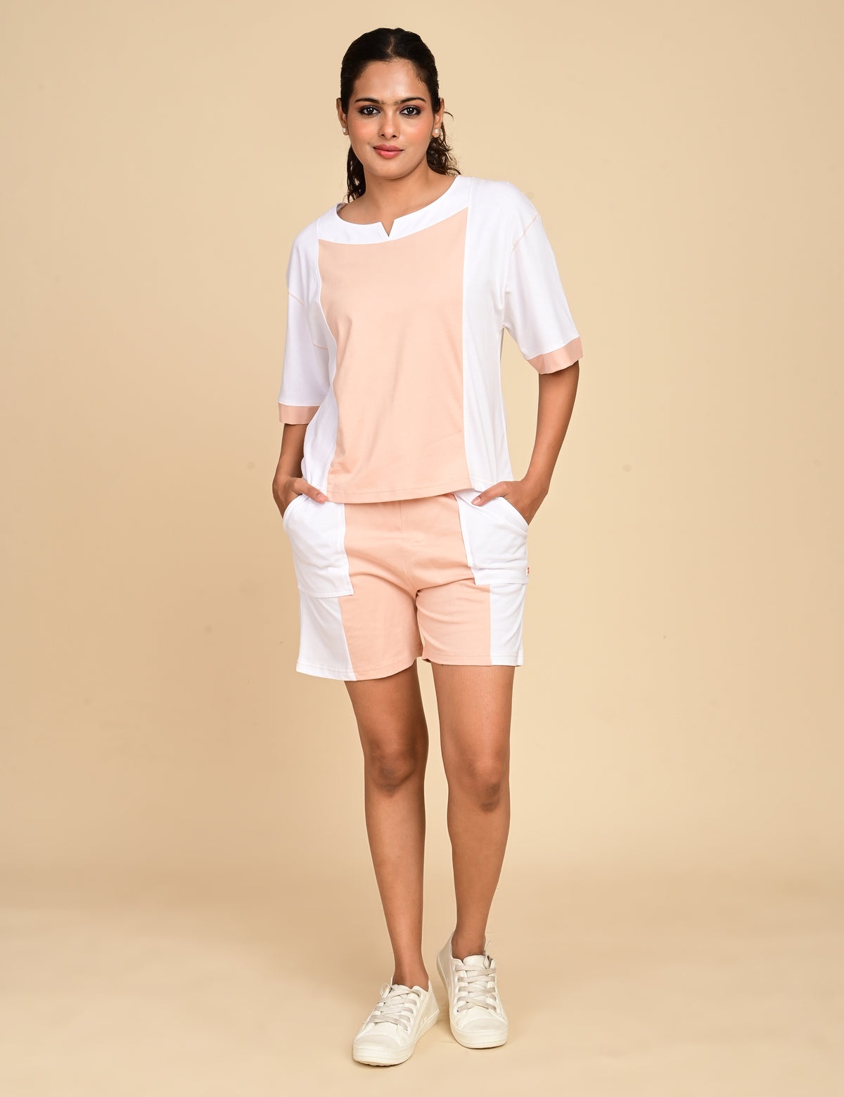 Women's Split V-Neck Colorblock Cotton Loungewear Set