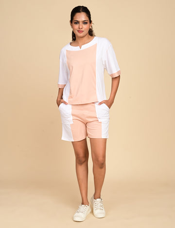 Women's Split V-Neck Colorblock Cotton Loungewear Set