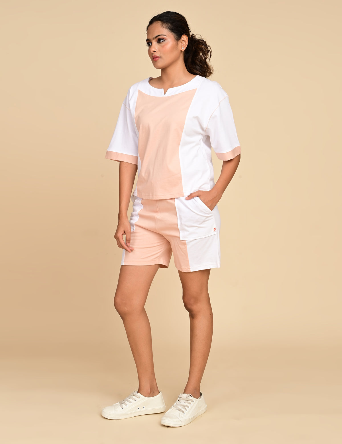 Women's Split V-Neck Colorblock Cotton Loungewear Set