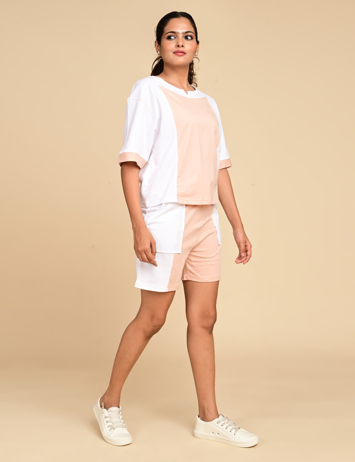 Women's Split V-Neck Colorblock Cotton Loungewear Set