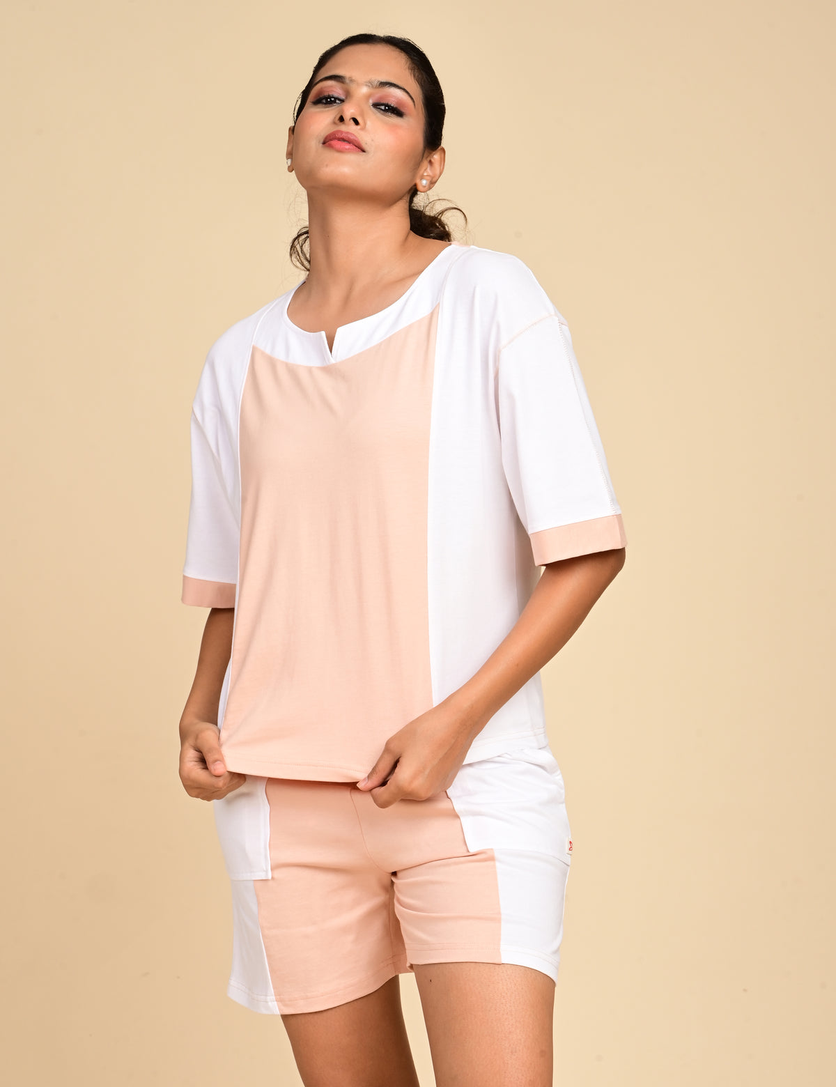 Women's Split V-Neck Colorblock Cotton Loungewear Set